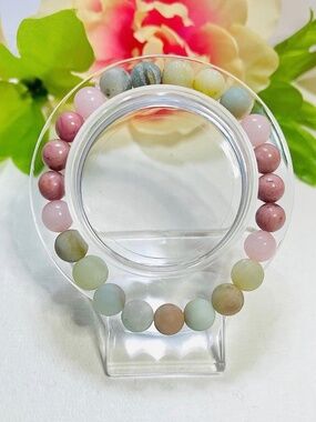 Pastel Natural Stone Stretch Beaded Bracelet | Pink & Amazonite Tones | Boho Gem